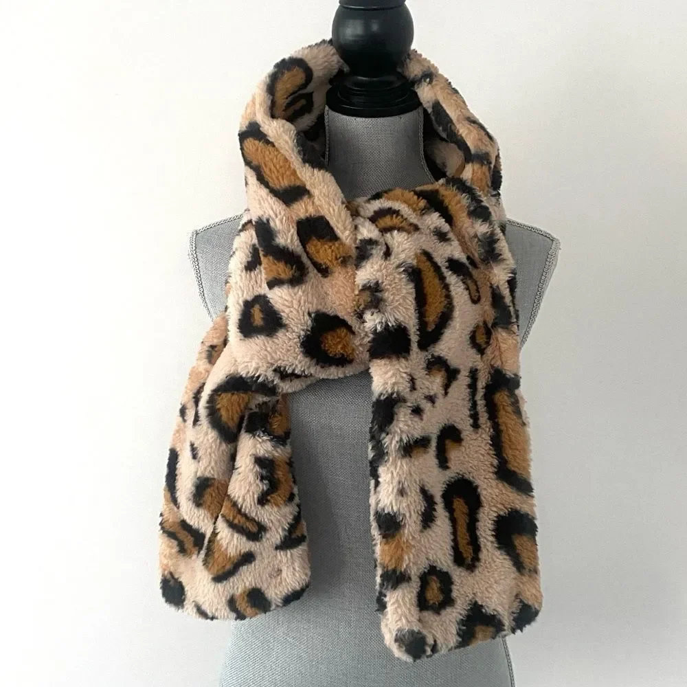 Minky Couture Leopard Print Faux Fur Scarf Oversized Soft Cozy Casual